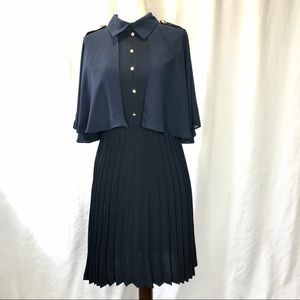 Liena LNY navy dress retro pleated skirt attached cape epaulettes Small